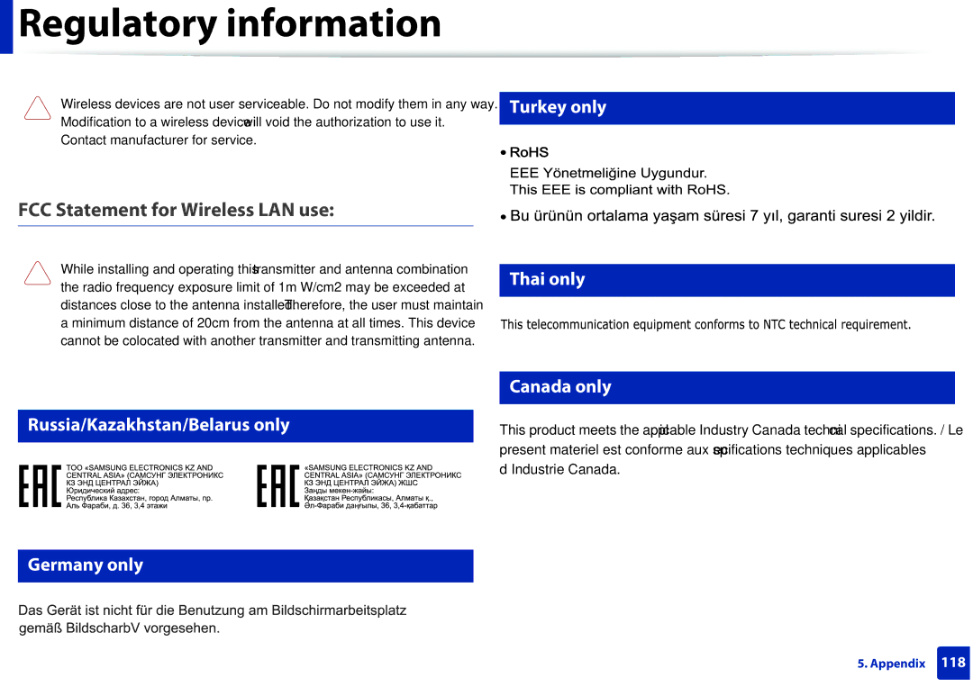 Samsung M207x manual FCC Statement for Wireless LAN use, Turkey only 