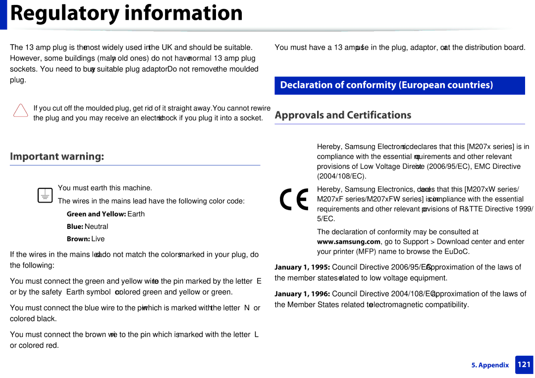 Samsung M207x Important warning, Approvals and Certifications, Declaration of conformity European countries, Brown Live 