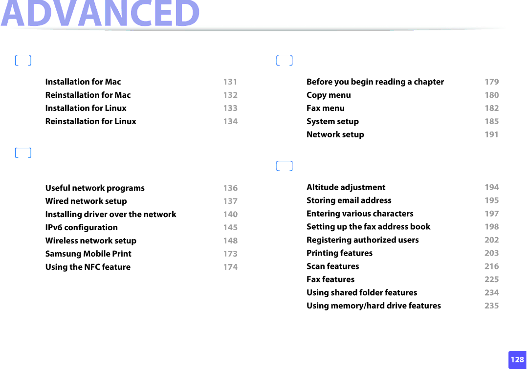 Samsung M207x manual Advanced 