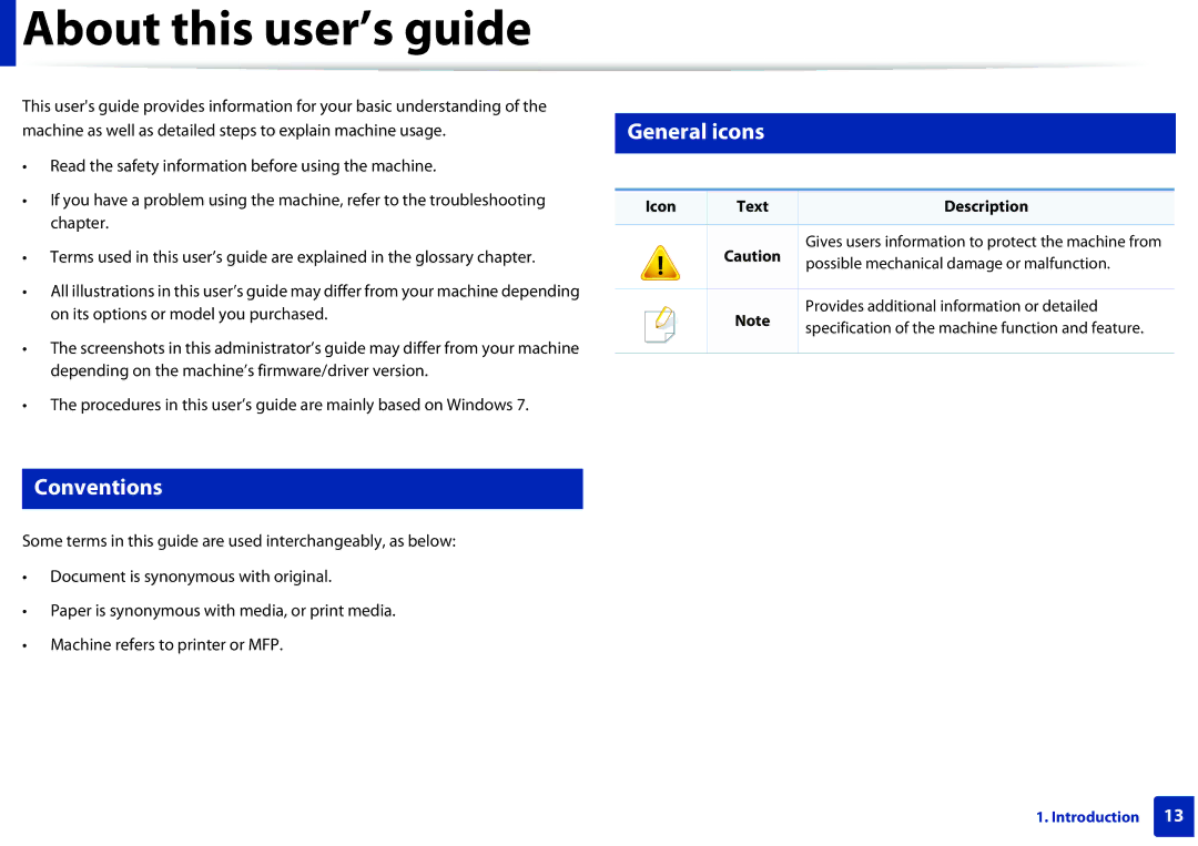 Samsung M207x manual About this user’s guide, General icons, Conventions, Chapter, Icon Text Description 