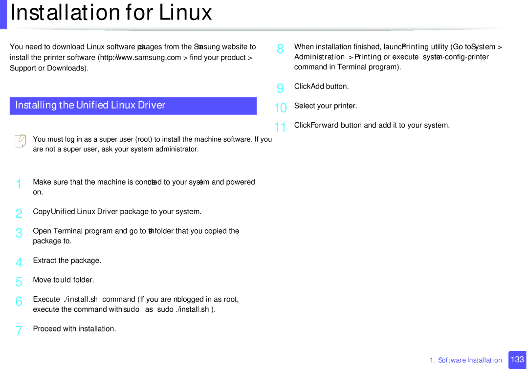 Samsung M207x manual Installation for Linux, Installing the Unified Linux Driver 