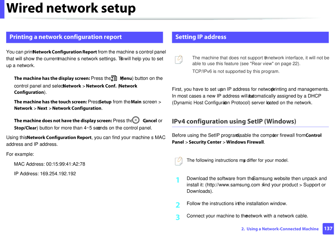 Samsung M207x manual Wired network setup, IPv4 configuration using SetIP Windows, Printing a network configuration report 