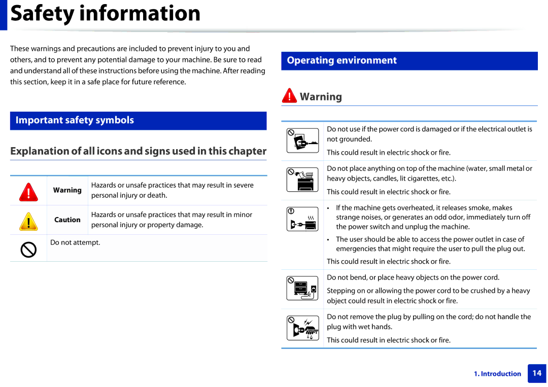 Samsung M207x manual Safety information, Important safety symbols, Operating environment 