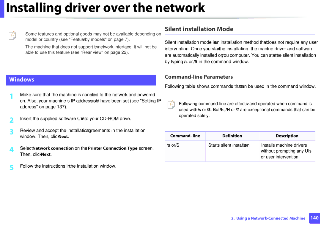 Samsung M207x manual Installing driver over the network, Silent installation Mode, Command- line Definition Description 