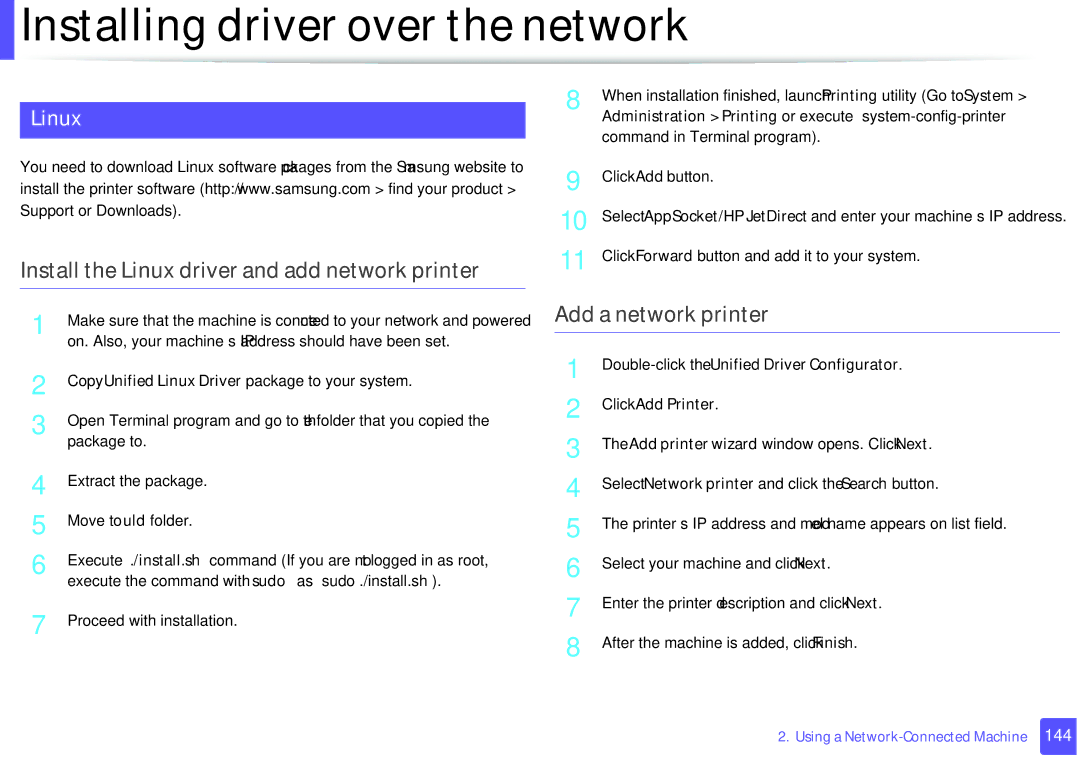 Samsung M207x manual Install the Linux driver and add network printer, Add a network printer 