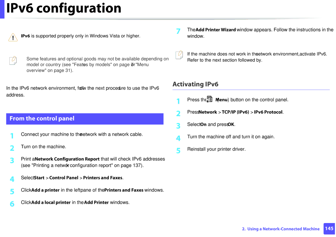 Samsung M207x manual IPv6 configuration, Activating IPv6, From the control panel 