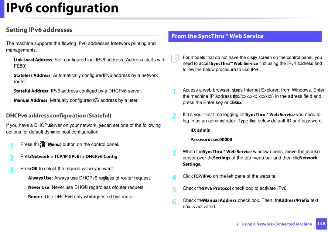 Samsung M207x From the SyncThru Web Service, Press Network TCP/IP IPv6 DHCPv6 Config, Press the Enter key or click Go 