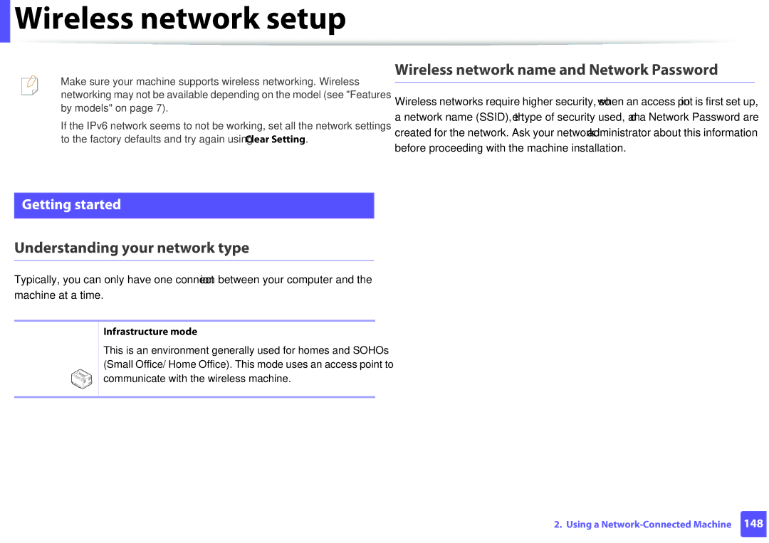 Samsung M207x manual Wireless network setup, Wireless network name and Network Password, Understanding your network type 