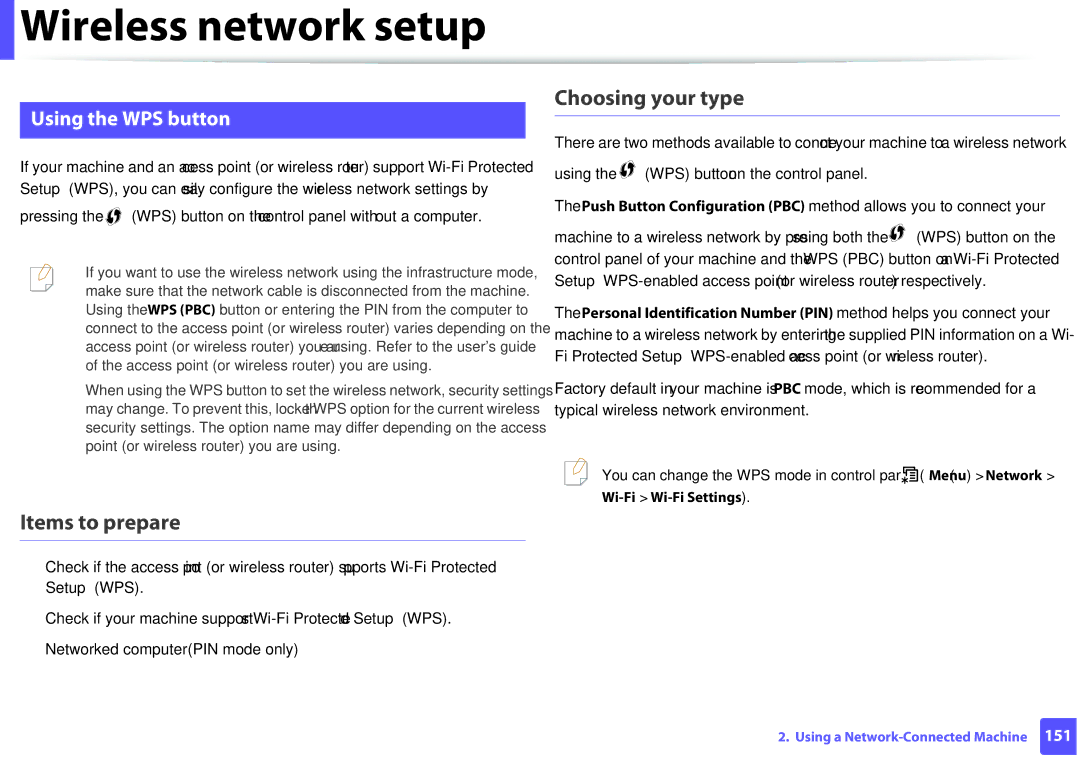 Samsung M207x manual Items to prepare, Choosing your type, Using the WPS button, Wi-Fi Wi-Fi Settings 