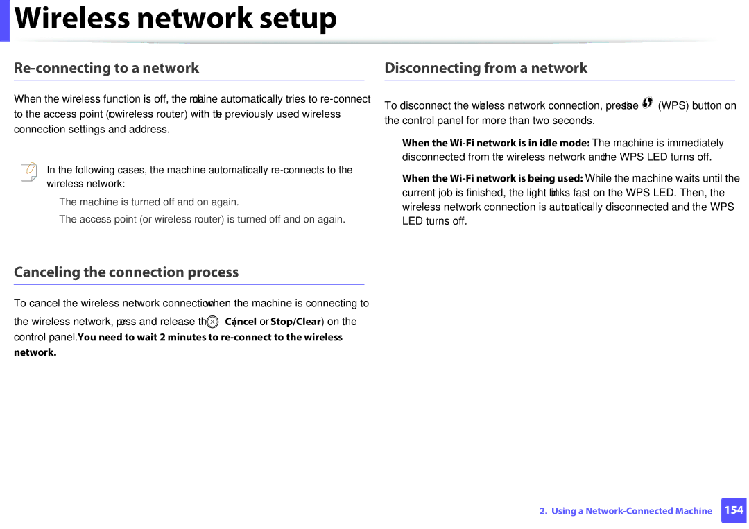 Samsung M207x manual Re-connecting to a network, Canceling the connection process, Disconnecting from a network 