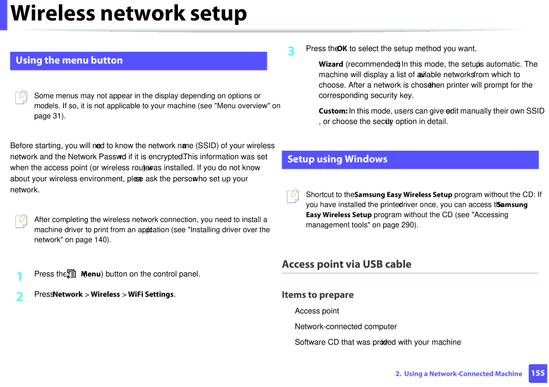 Samsung M207x Access point via USB cable, Using the menu button, Setup using Windows, Press Network Wireless WiFi Settings 