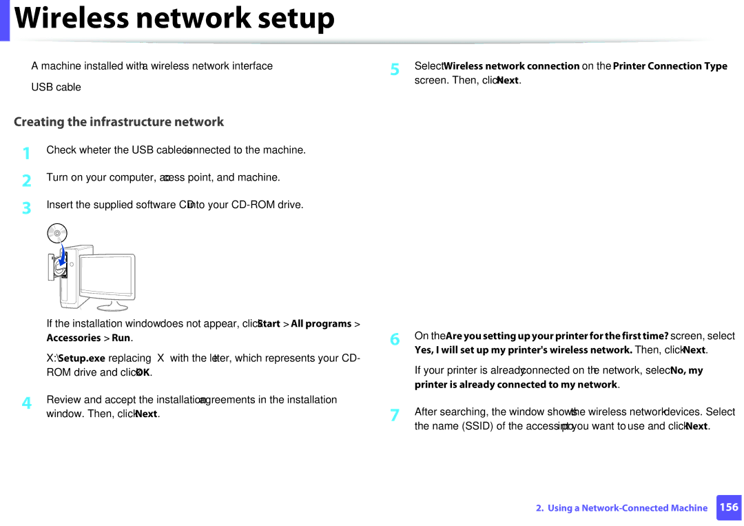 Samsung M207x manual Creating the infrastructure network 