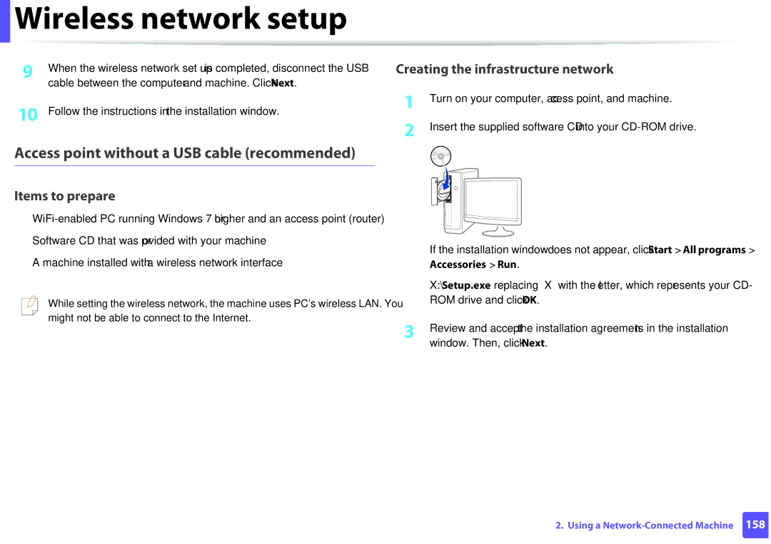 Samsung M207x manual Access point without a USB cable recommended 