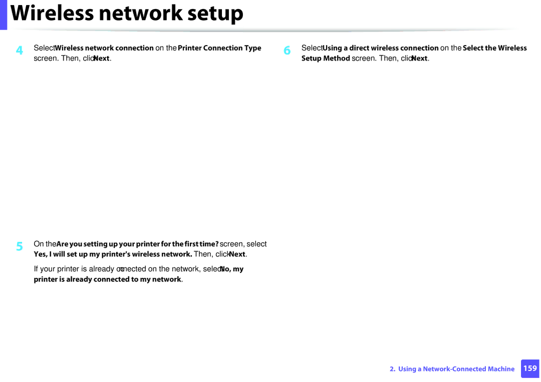 Samsung M207x manual Wireless network setup 