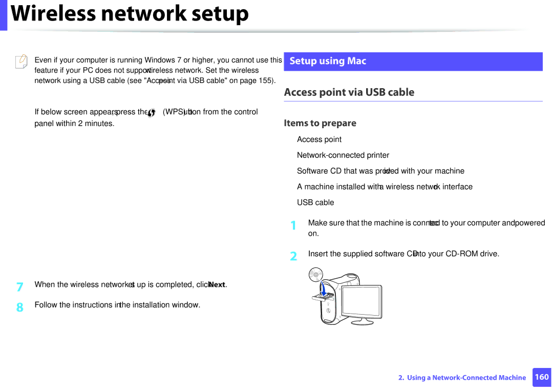 Samsung M207x manual Access point via USB cable, Setup using Mac 