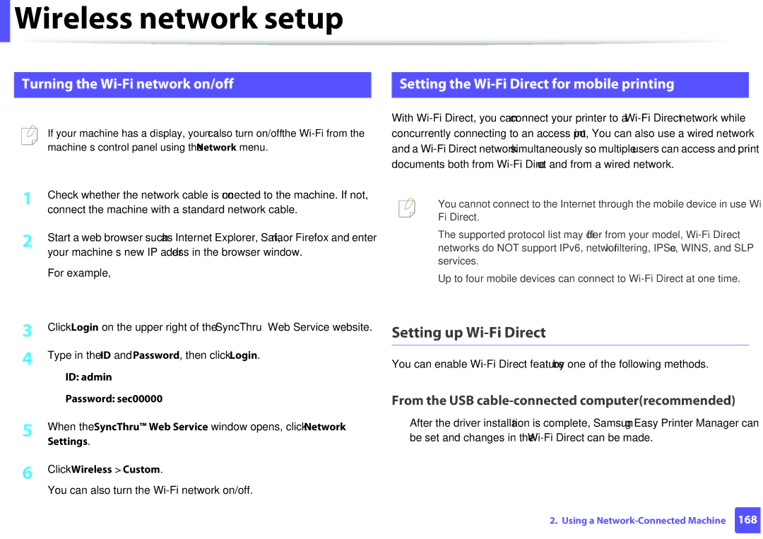 Samsung M207x Setting up Wi-Fi Direct, Turning the Wi-Fi network on/off, Setting the Wi-Fi Direct for mobile printing 