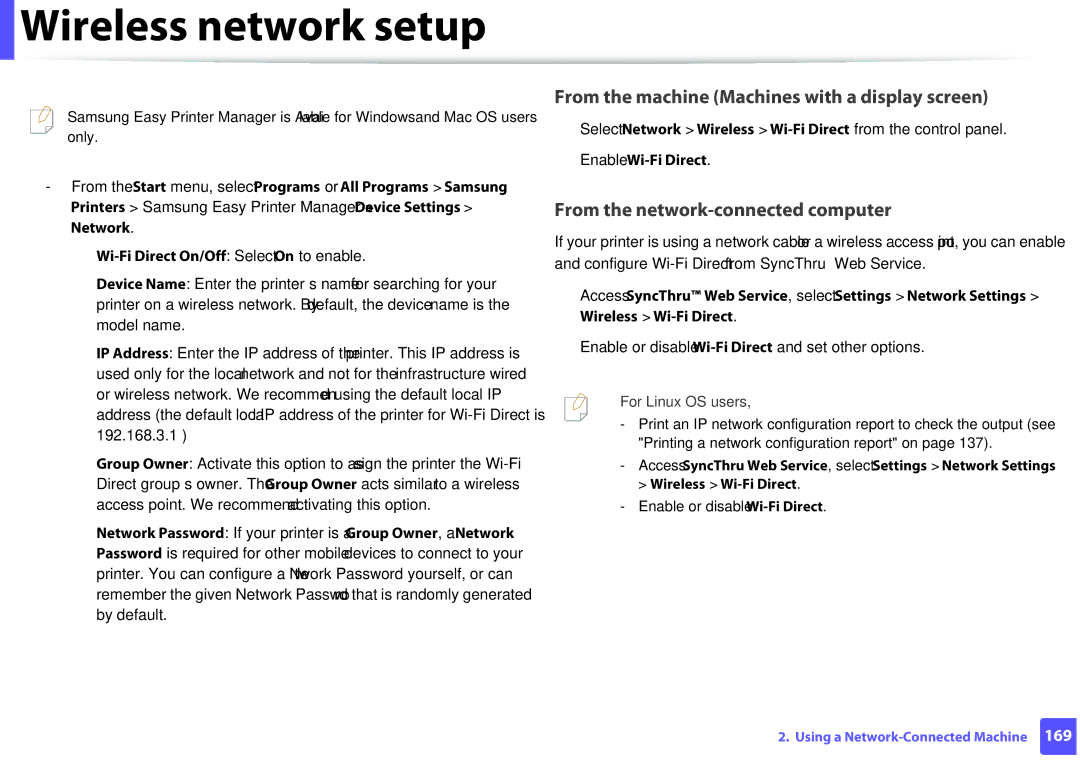 Samsung M207x manual Wi-Fi Direct On/Off Select On to enable, Select Network Wireless Wi-Fi Direct from the control panel 