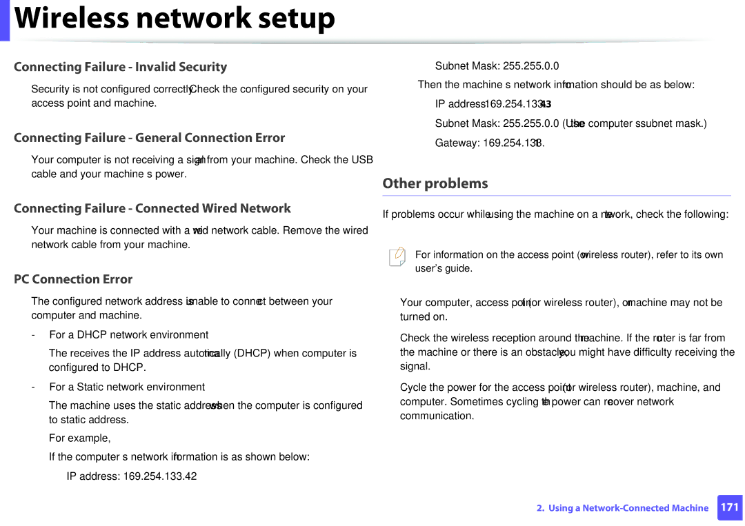 Samsung M207x manual Other problems, Connecting Failure Invalid Security 