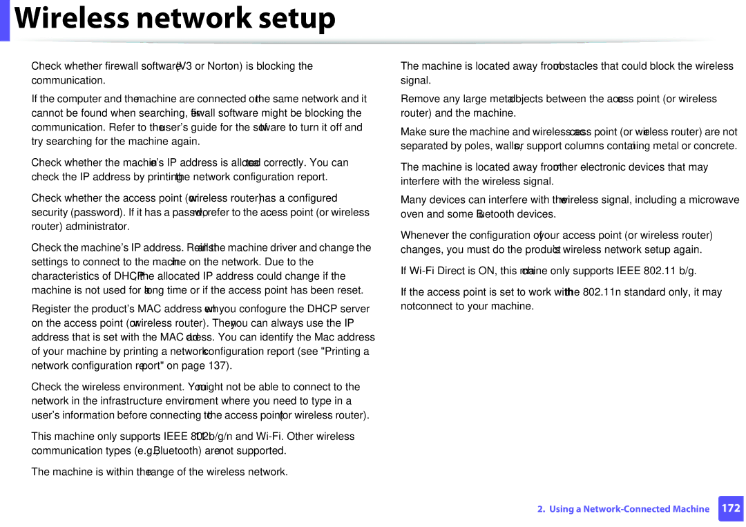 Samsung M207x manual Wireless network setup 