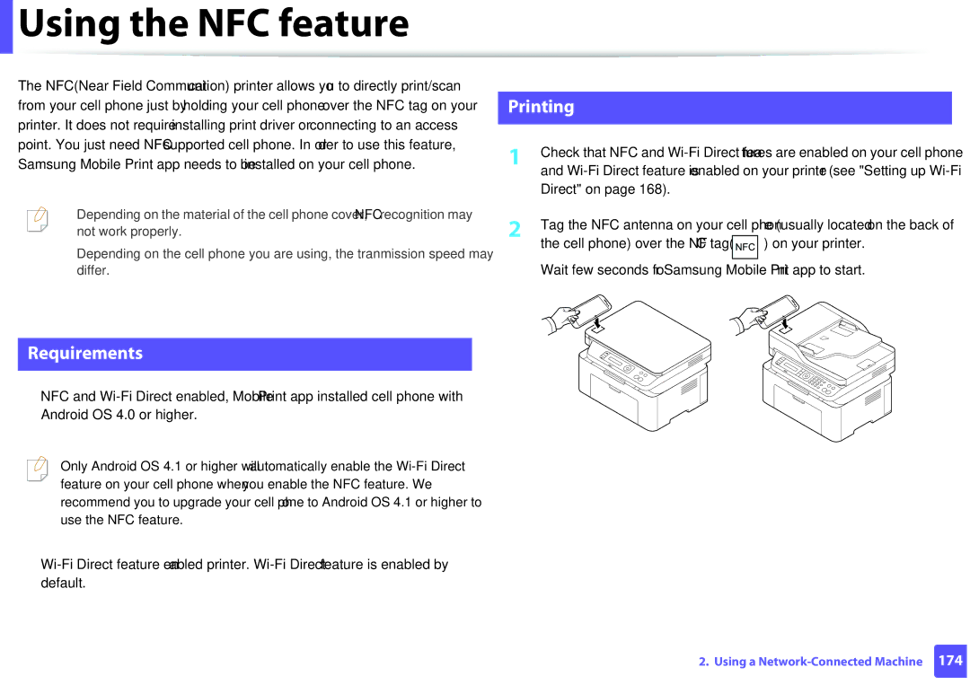 Samsung M207x manual Using the NFC feature, Requirements, Direct on 