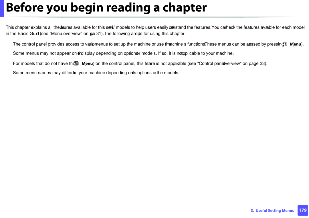 Samsung M207x manual Before you begin reading a chapter 