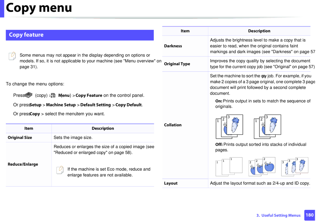 Samsung M207x manual Copy menu, Copy feature, Or press Setup Machine Setup Default Setting Copy Default 