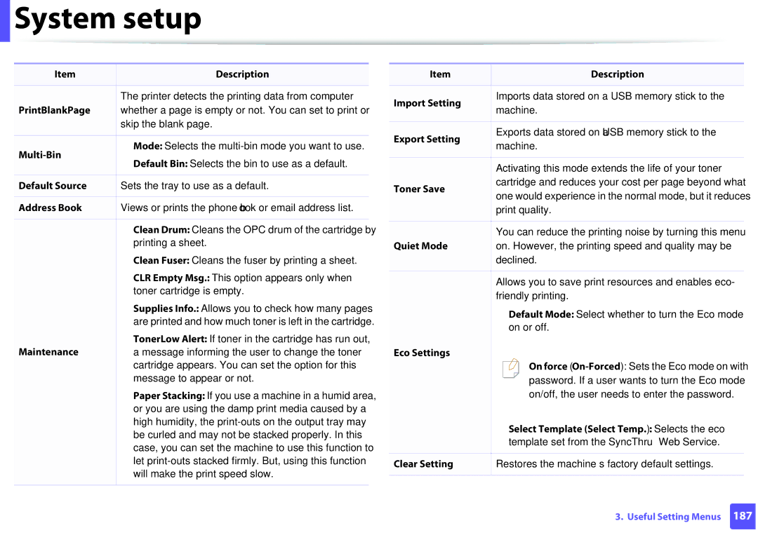 Samsung M207x manual PrintBlankPage, Multi-Bin, Default Source, Import Setting, Export Setting, Quiet Mode, Clear Setting 