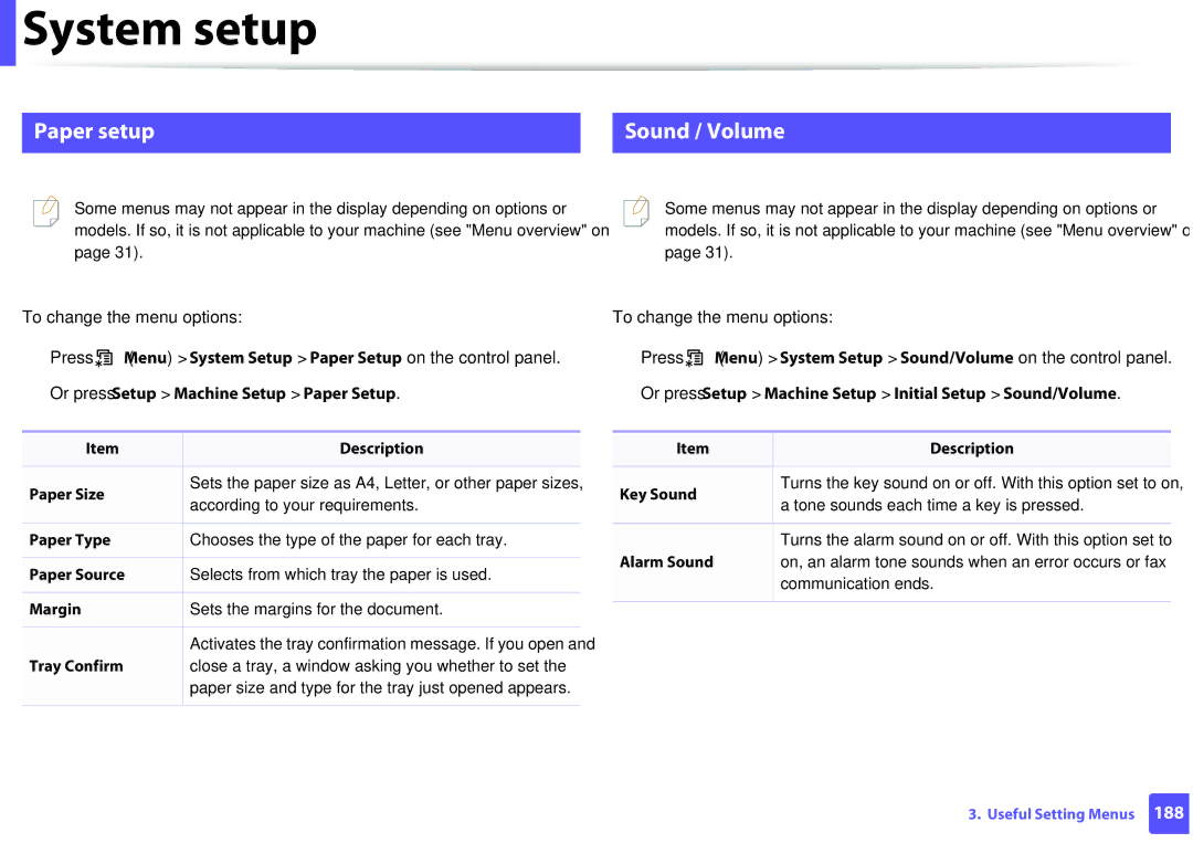 Samsung M207x manual Paper setup Sound / Volume, Or press Setup Machine Setup Paper Setup, Paper Source, Tray Confirm 