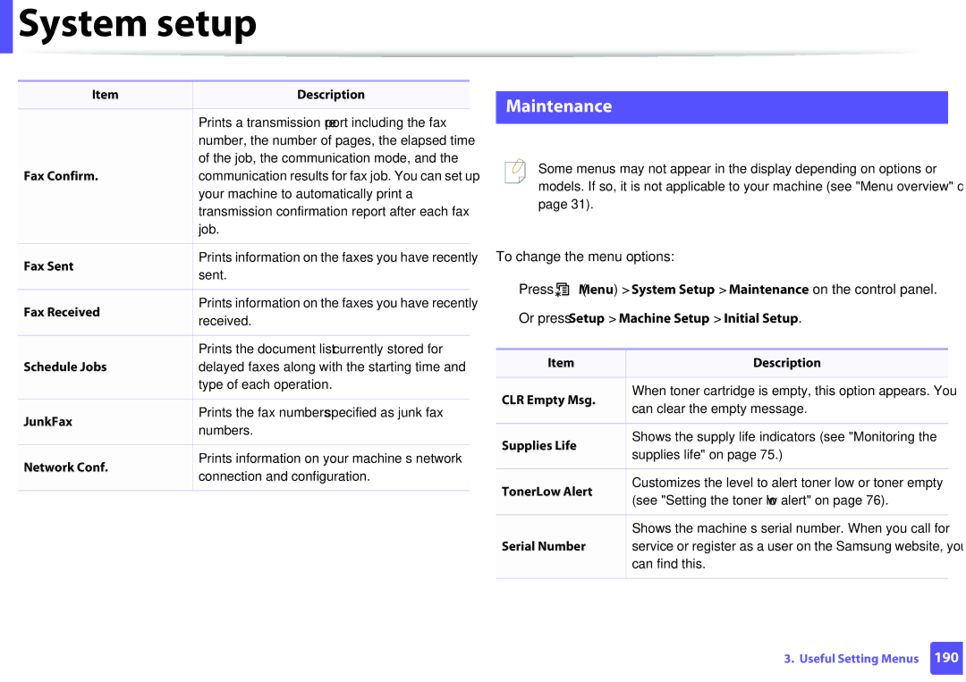 Samsung M207x manual Maintenance, JunkFax, CLR Empty Msg 