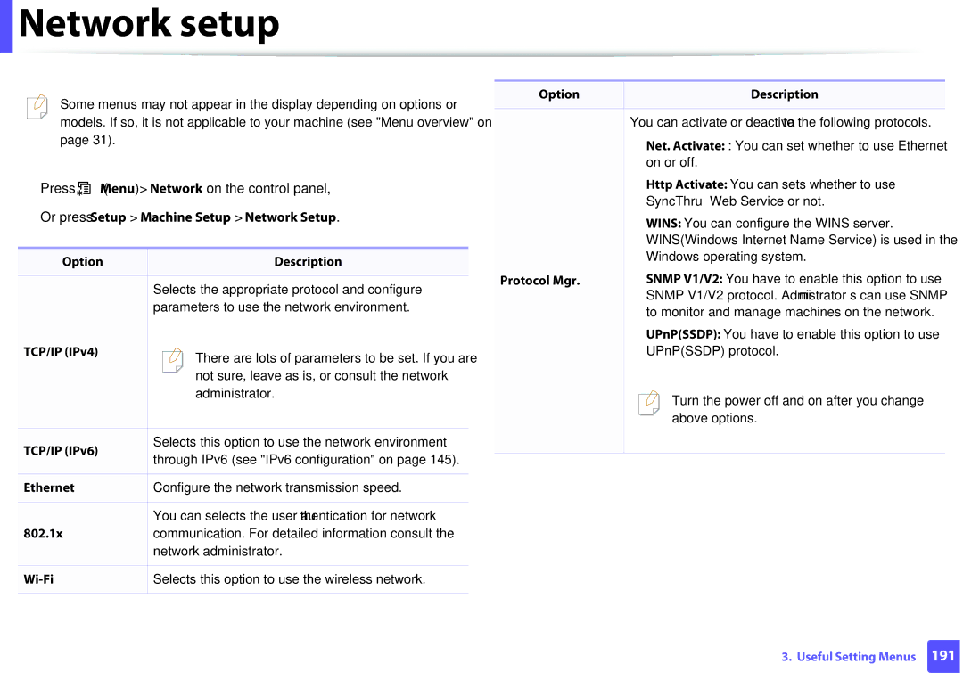 Samsung M207x Network setup, Press Menu Network on the control panel, Or press Setup Machine Setup Network Setup, 802.1x 