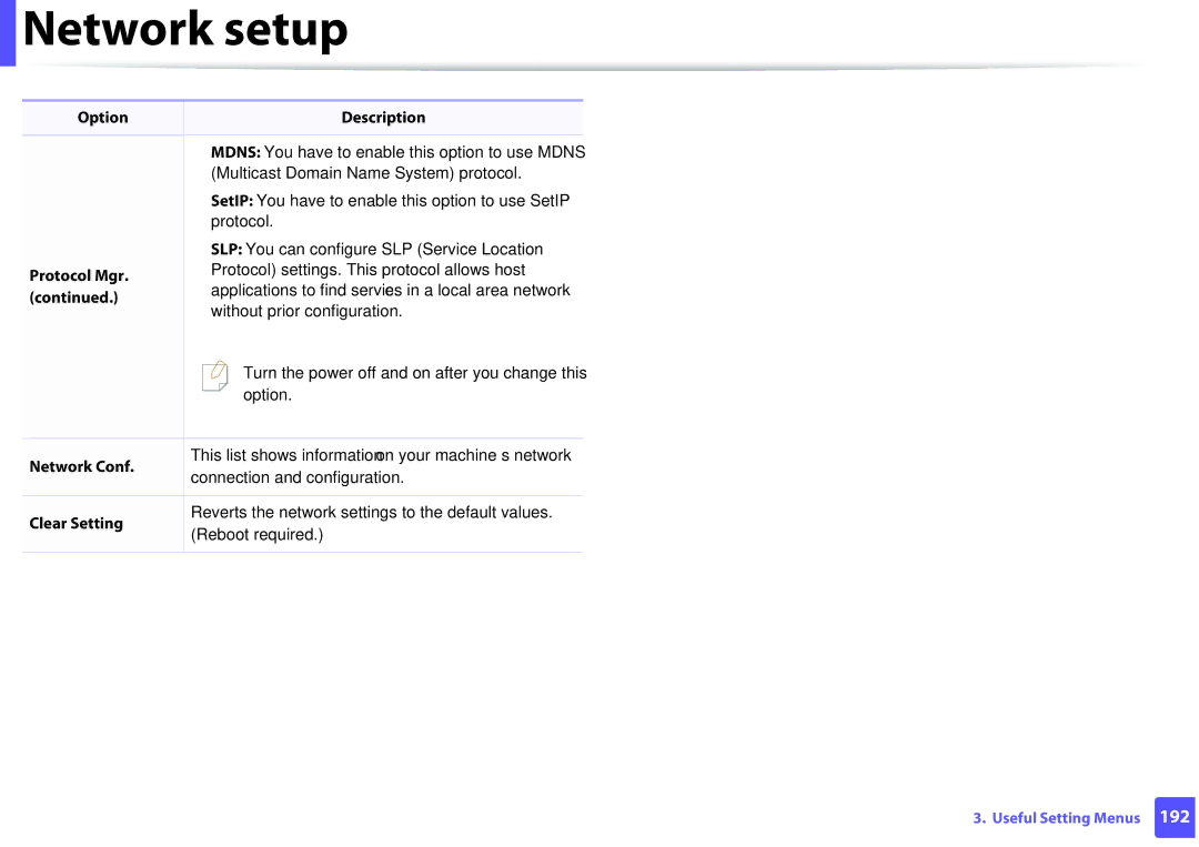 Samsung M207x manual Mdns You have to enable this option to use Mdns 