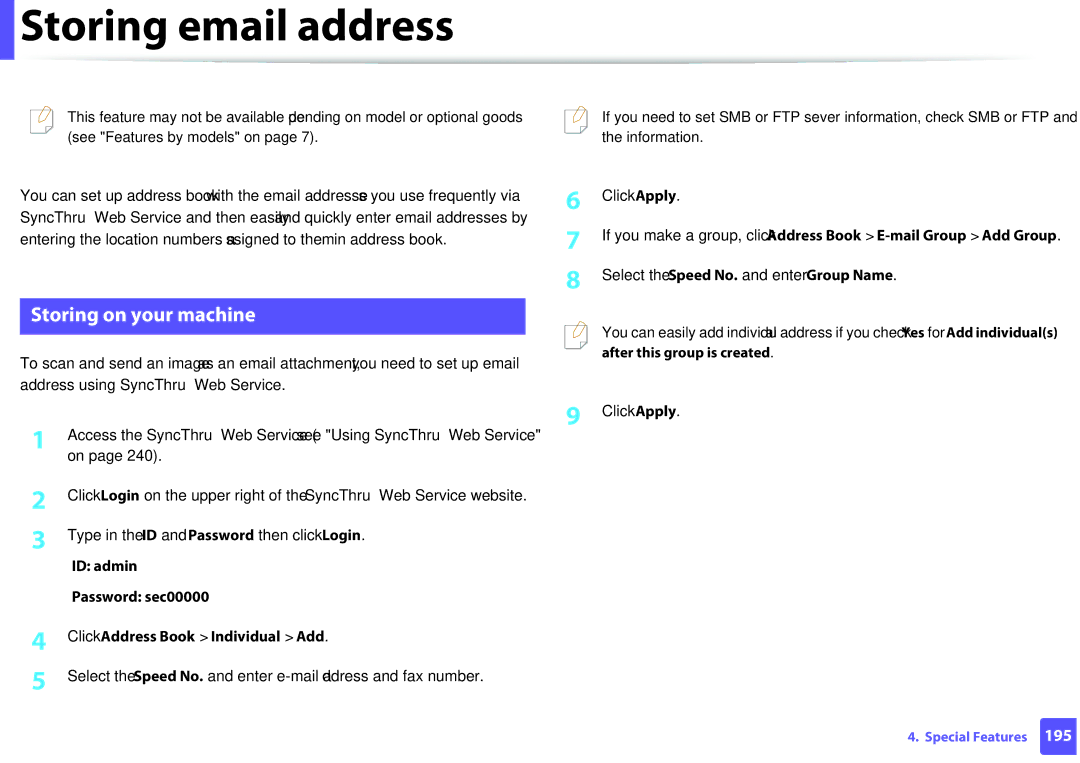 Samsung M207x manual Storing email address, Storing on your machine, Select the Speed No. and enter Group Name 