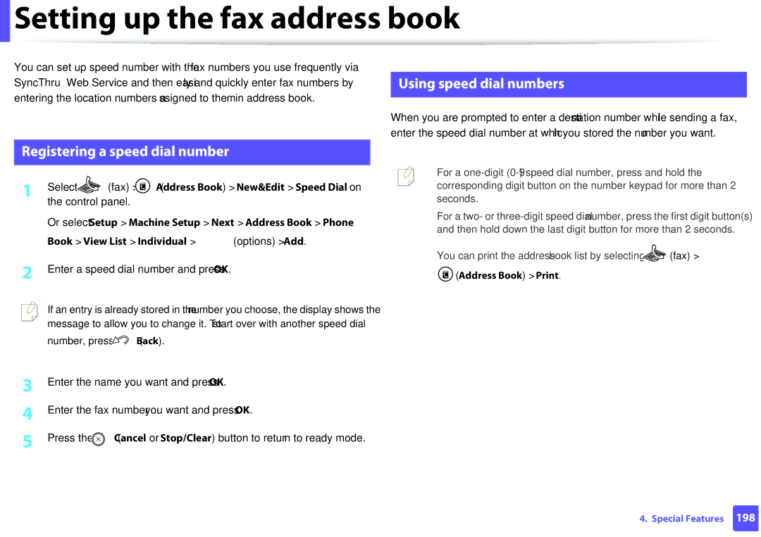 Samsung M207x manual Setting up the fax address book, Using speed dial numbers, Registering a speed dial number 