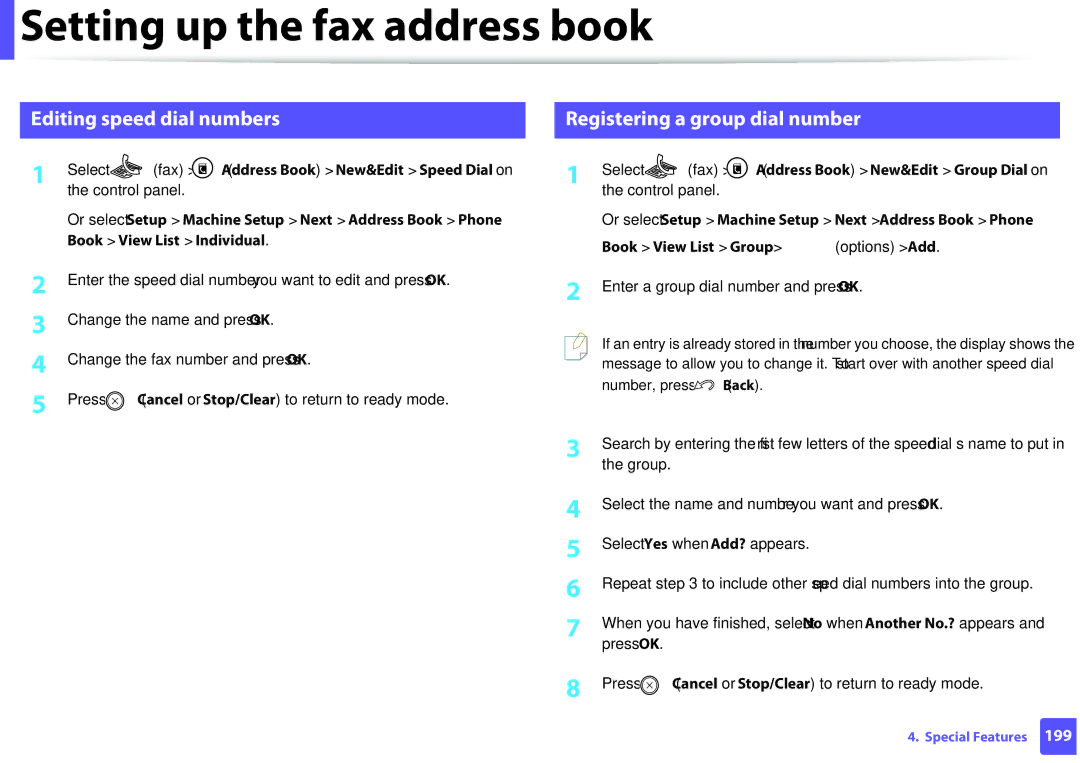 Samsung M207x manual Editing speed dial numbers, Registering a group dial number, Enter a group dial number and press OK 