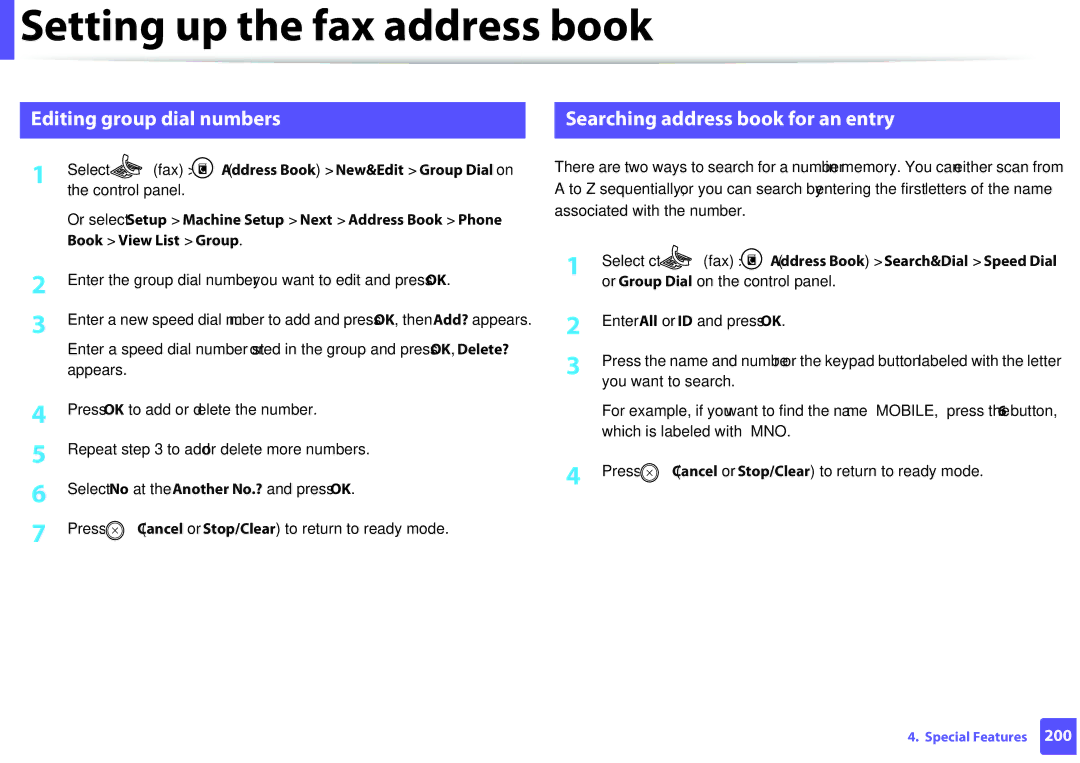 Samsung M207x manual Editing group dial numbers, Searching address book for an entry 