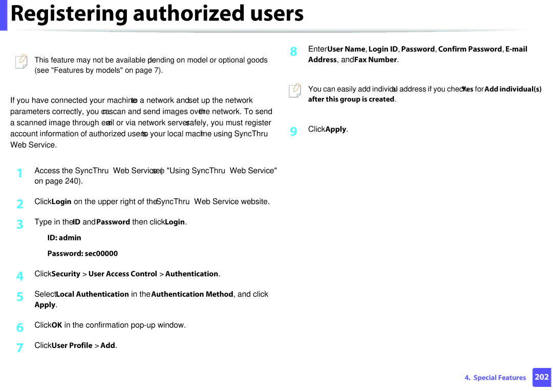 Samsung M207x manual Registering authorized users, Click User Profile Add 