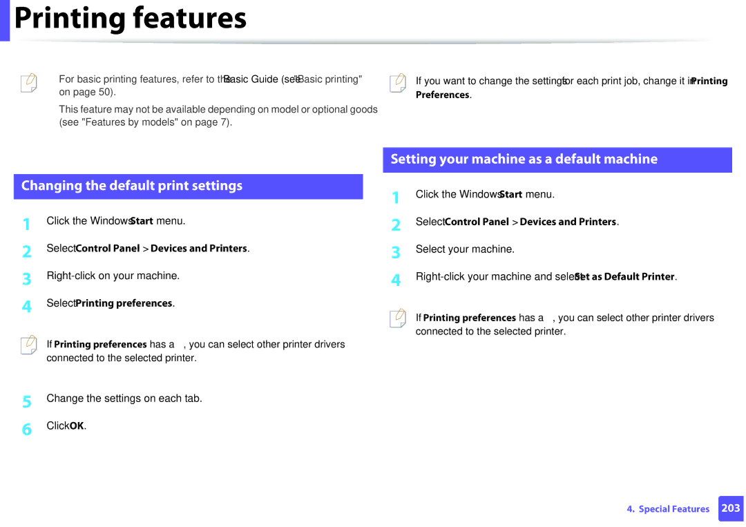 Samsung M207x manual Printing features, Changing the default print settings, Setting your machine as a default machine 