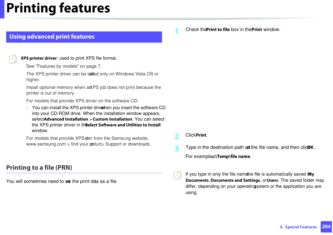 Samsung M207x manual Printing to a file PRN, Using advanced print features 