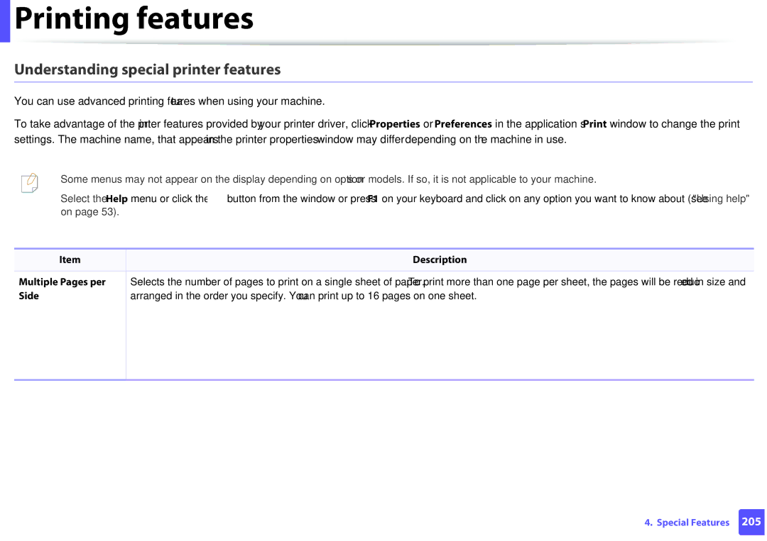 Samsung M207x manual Understanding special printer features, Description 