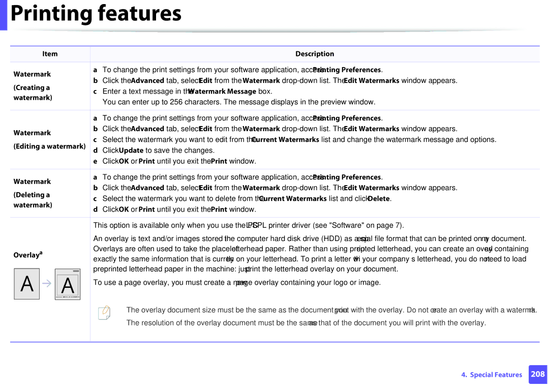 Samsung M207x manual Creating a, Editing a watermark, Deleting a, Overlay a 