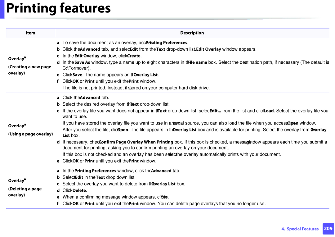 Samsung M207x manual Using a page overlay, List box, Printing Preferences window, click the Advanced tab 