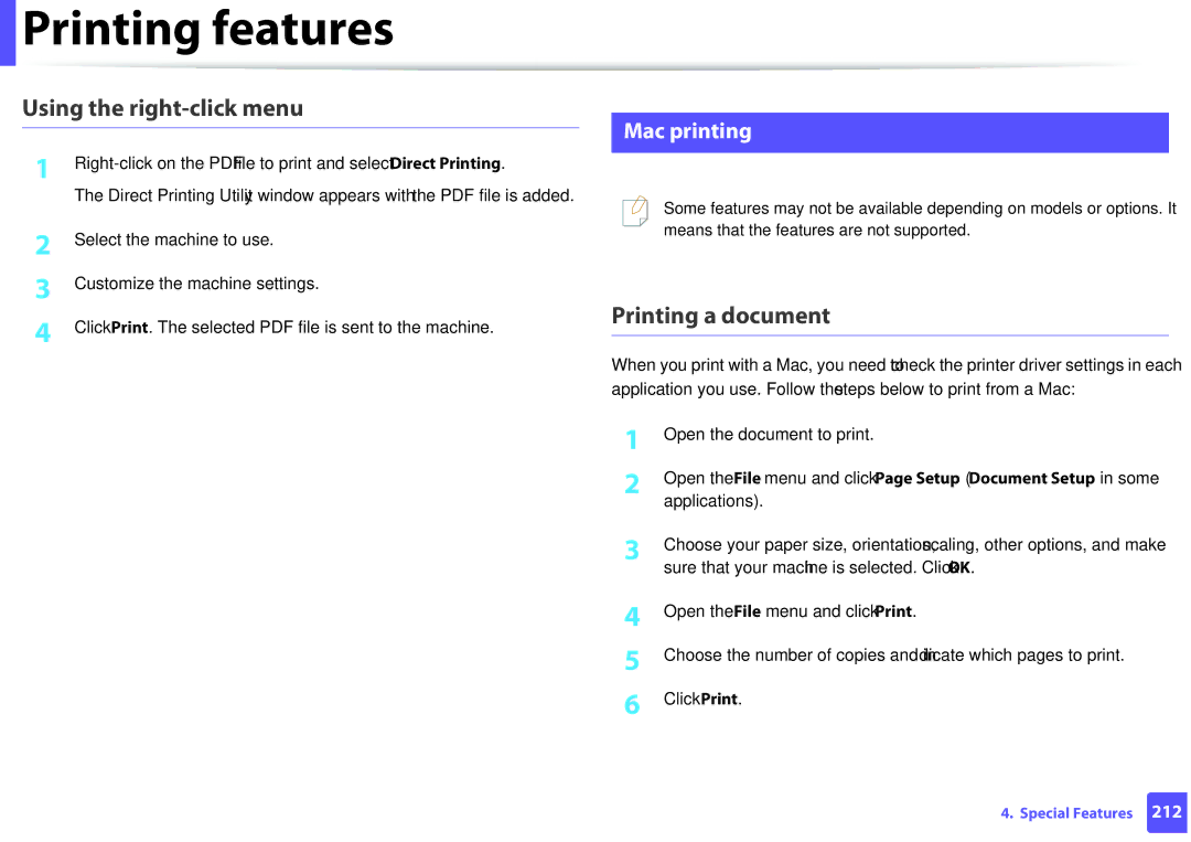 Samsung M207x manual Using the right-click menu, Printing a document, Mac printing 