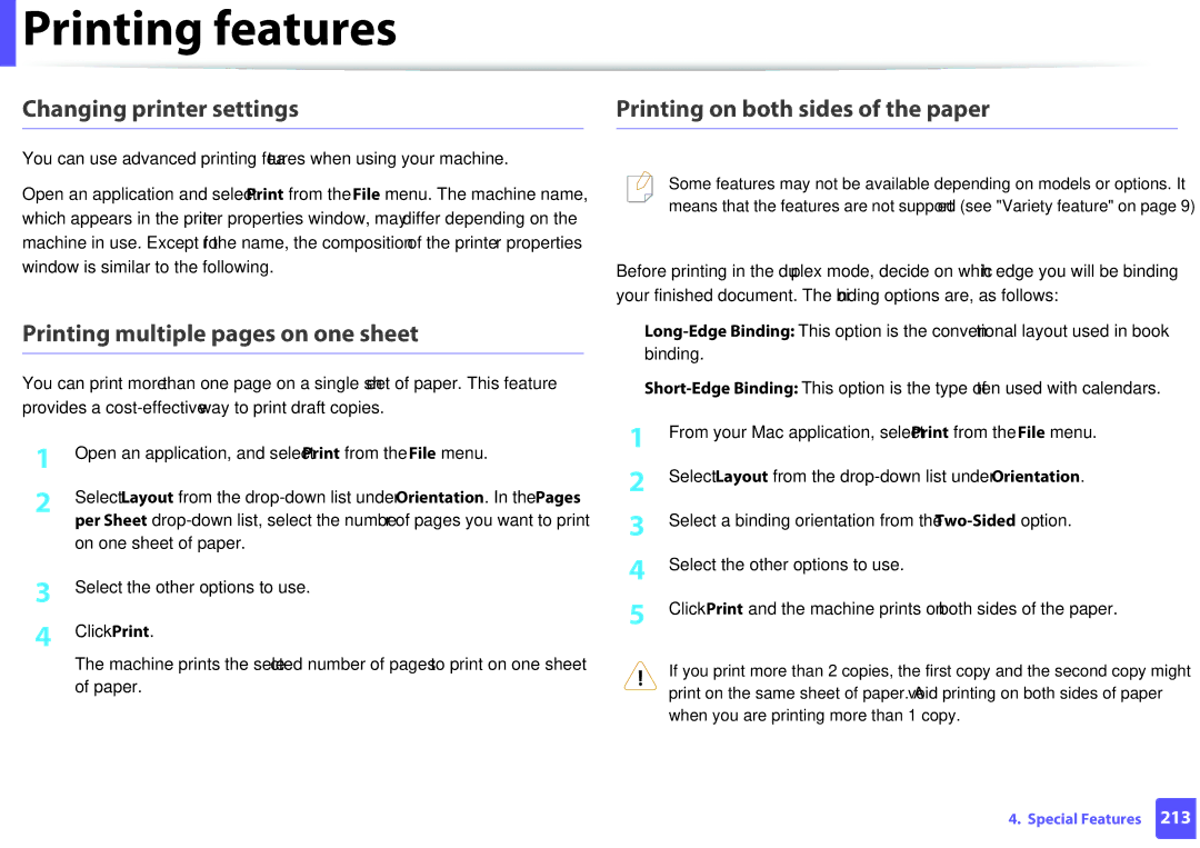 Samsung M207x manual Changing printer settings, Printing multiple pages on one sheet, Printing on both sides of the paper 