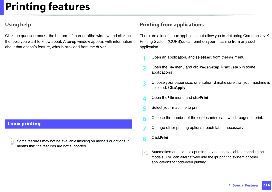 Samsung M207x manual Using help, Printing from applications, Linux printing 