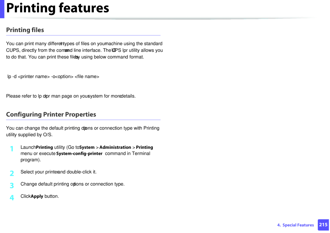 Samsung M207x manual Printing files, Configuring Printer Properties 