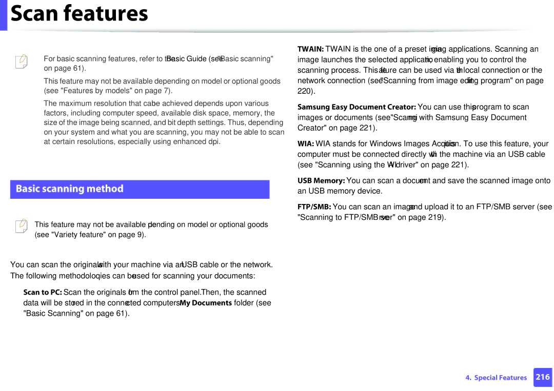 Samsung M207x manual Scan features, Basic scanning method 