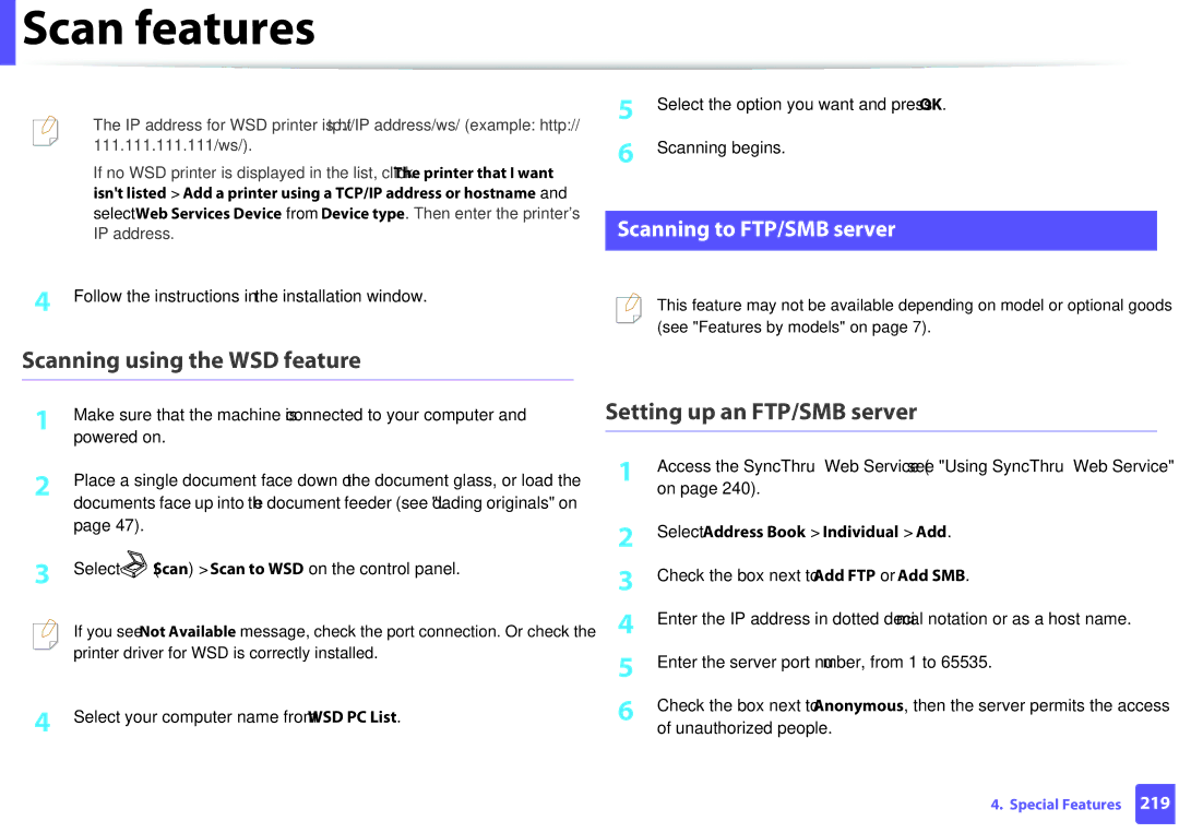 Samsung M207x manual Scanning using the WSD feature, Setting up an FTP/SMB server, Scanning to FTP/SMB server 