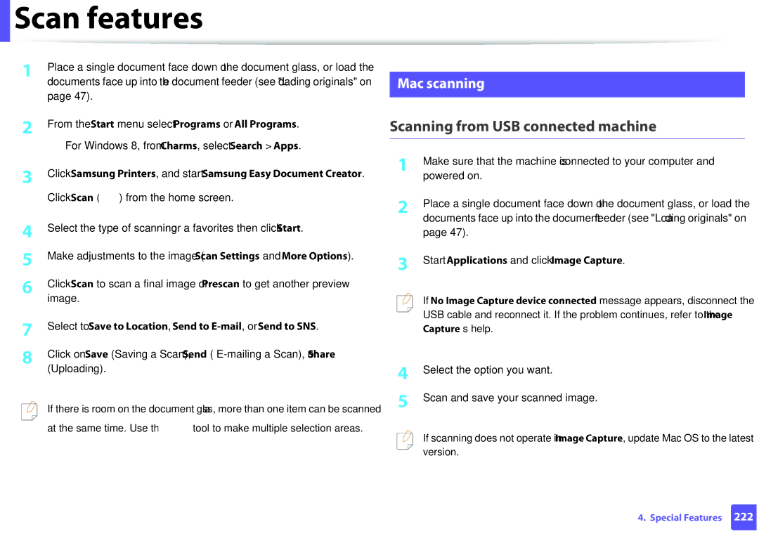 Samsung M207x manual Scanning from USB connected machine, Mac scanning, From the Start menu select Programs or All Programs 