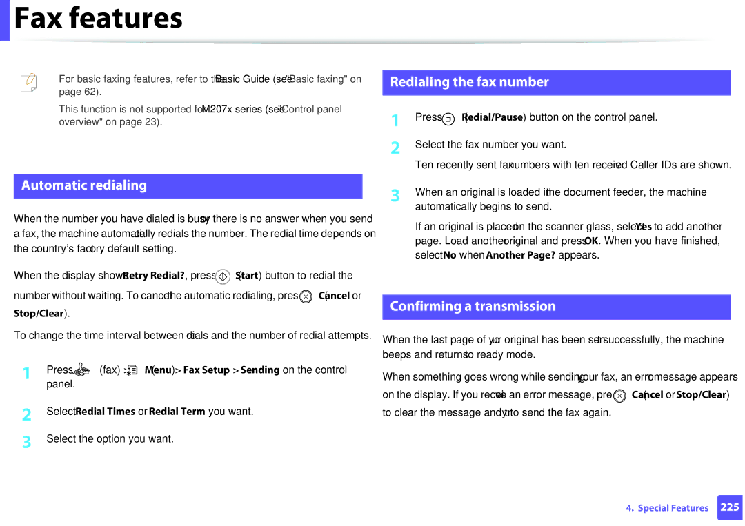 Samsung M207x manual Fax features, Automatic redialing, Redialing the fax number, Confirming a transmission 