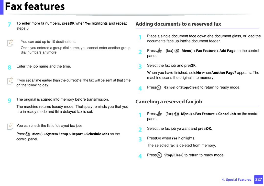 Samsung M207x manual Adding documents to a reserved fax, Canceling a reserved fax job, Enter the job name and the time 